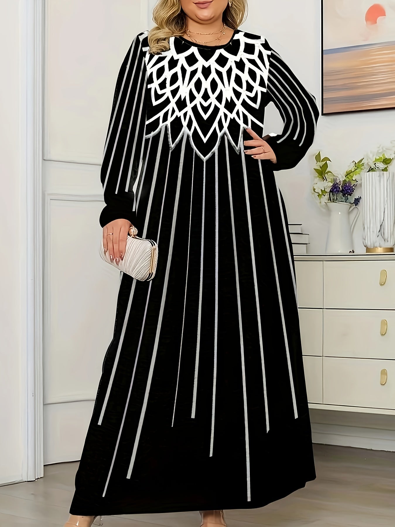 Casual Dress Women's Plus Print Long Sleeve Round Neck S