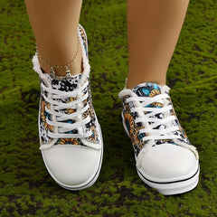 Leopard & Floral Print Canvas Shoes Lace Up Round Toe Low Trim