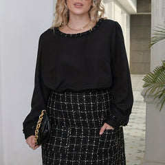 Plus Plaid Print Top & Skirt Set Round Neck 2 Piece Outfit