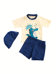 Boys Swimsuit 3pcs Crocodile Print Short Sleeve T shirt & Swim Trunks