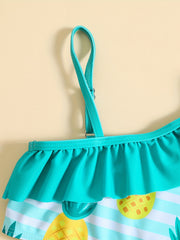 Girls One Shoulder Ruffled Top & Pineapple Graphic Shorts Swimsuit Set