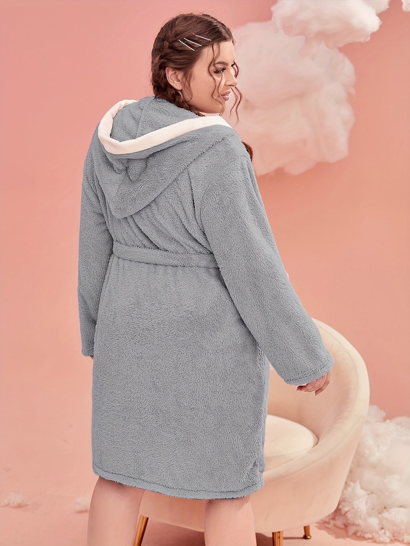 Women's Plus Flannel Long Sleeve Fleece Hooded Bathrobe