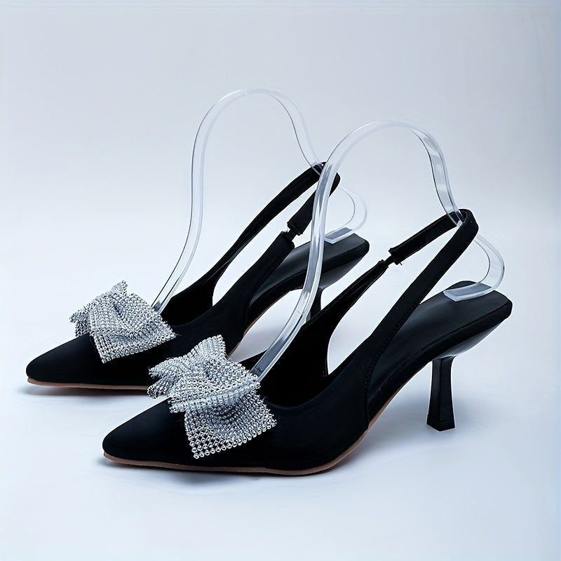 Rhinestone Bow High Heel Sandals Pointed Toe Slingback Stiletto Dress Pumps