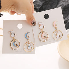 Rabbit Star Moon Earrings Bunny Faux Pearl Crystal Drop Earring