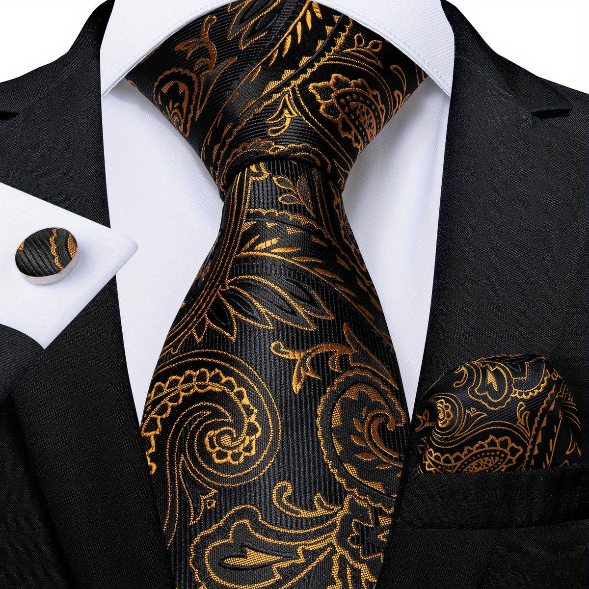Men's Golden Striped Paisley Floral Necktie Set Silk Woven Business