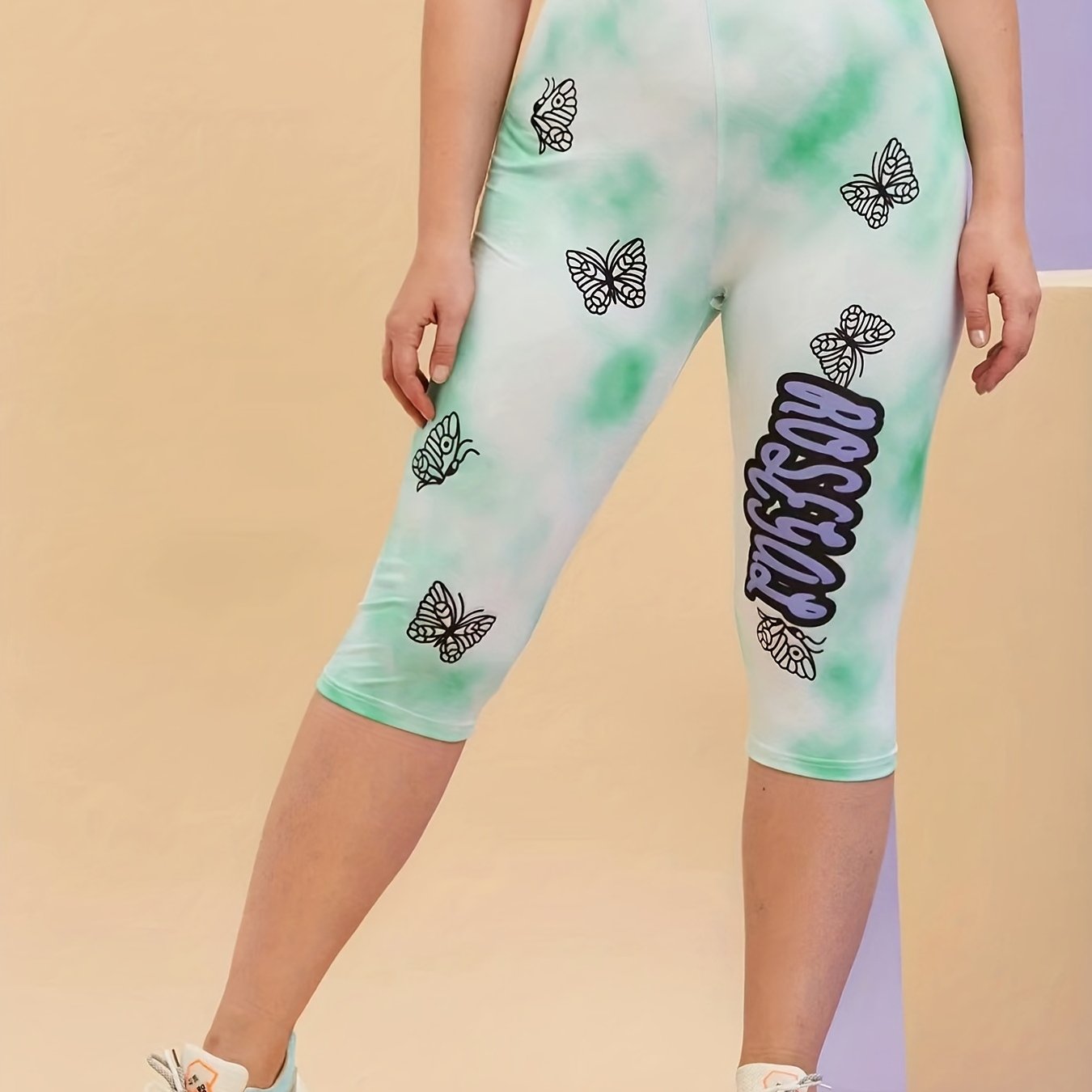 Women's Green Butterfly Print Yoga Leggings for Sports Fitness Running