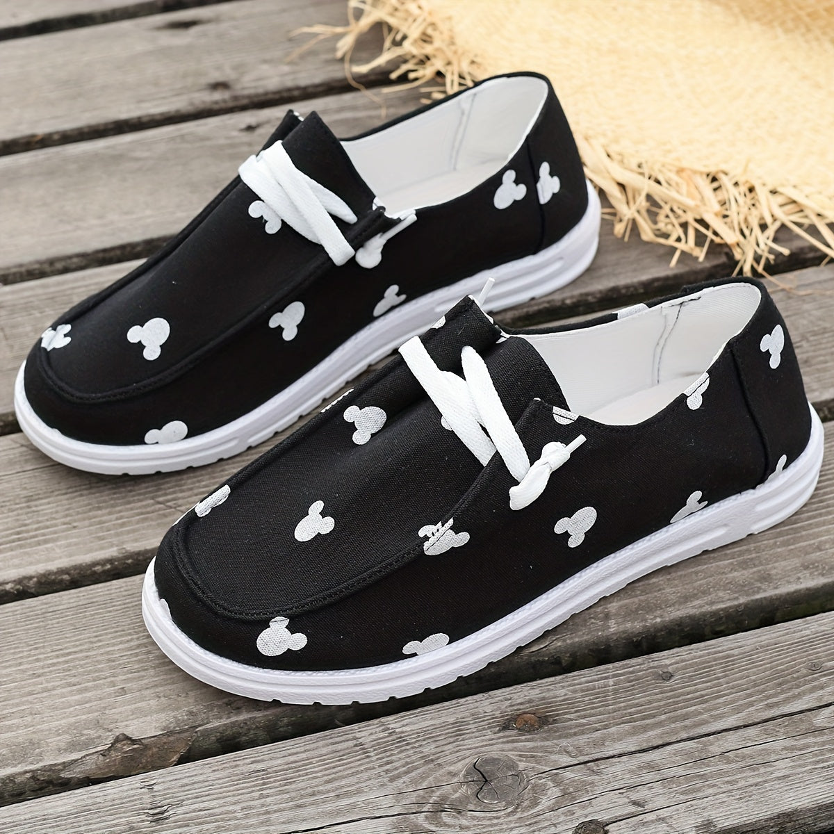 Cartoon Print Lace Up Boat Shoes Low Top Slip On Lightweight Canvas Shoes