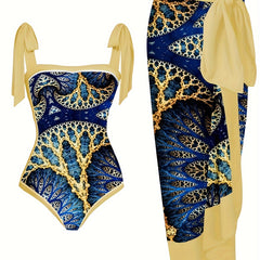 Women's Plus Mushroom Print Tie Shoulder One Piece Swimsuit & Wrap Skirt Set