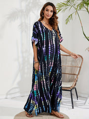 Boho Cover Up Tie Dye Striped Batwing Sleeve Maxi Split Dress