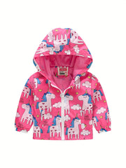 Girls Unicorn Print Hooded Jackets Zip Up Pockets Raincoats