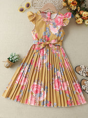 Girls' Boho Floral Pleated Casual Dress Fly Sleeve