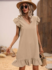 Ruffle Trim Solid Dress Casual V Neck Mini Dress Women's Clothing