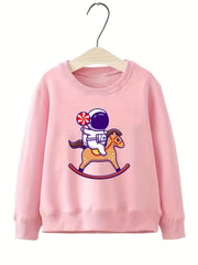 Astronaut & Pony Pattern Round Neck Sweatshirt for Girls