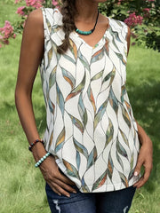 Plants Print Sleeveless Top V Neck High Stretch Top
