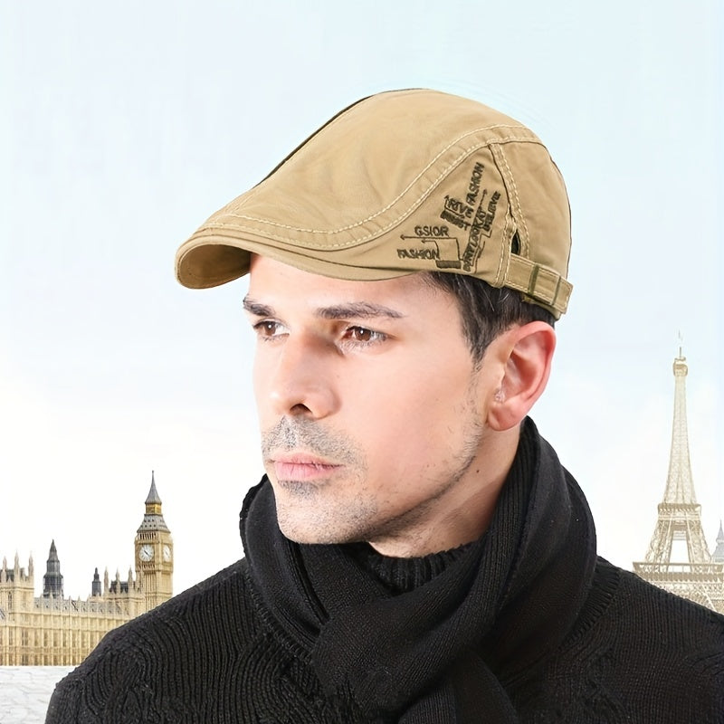 Unisex Cotton Blend Adjustable Ear Protection Newsboy Cap With Letter Embroidery