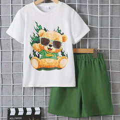 Boys Bear Graphic Casual Outfit Round Neck T shirt & Shorts
