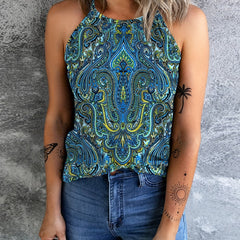 Ethnic Print Sleeveless Top Casual Crew Neck Summer Top