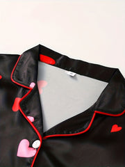 Heart Print Lounge Set Short Sleeve Top & Pants Women's Loungewear