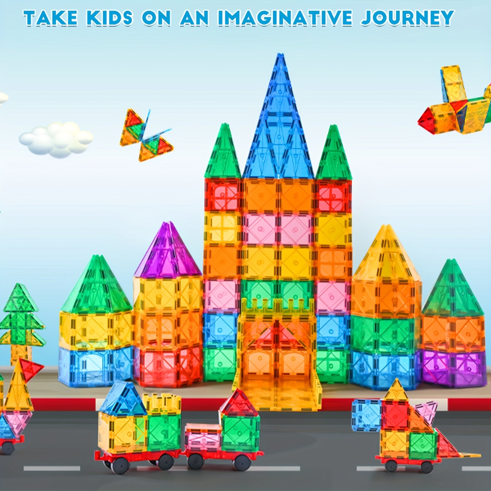 Magnetic Building Tiles 95pcs Magnetic Blocks For Kids with 2 Cars