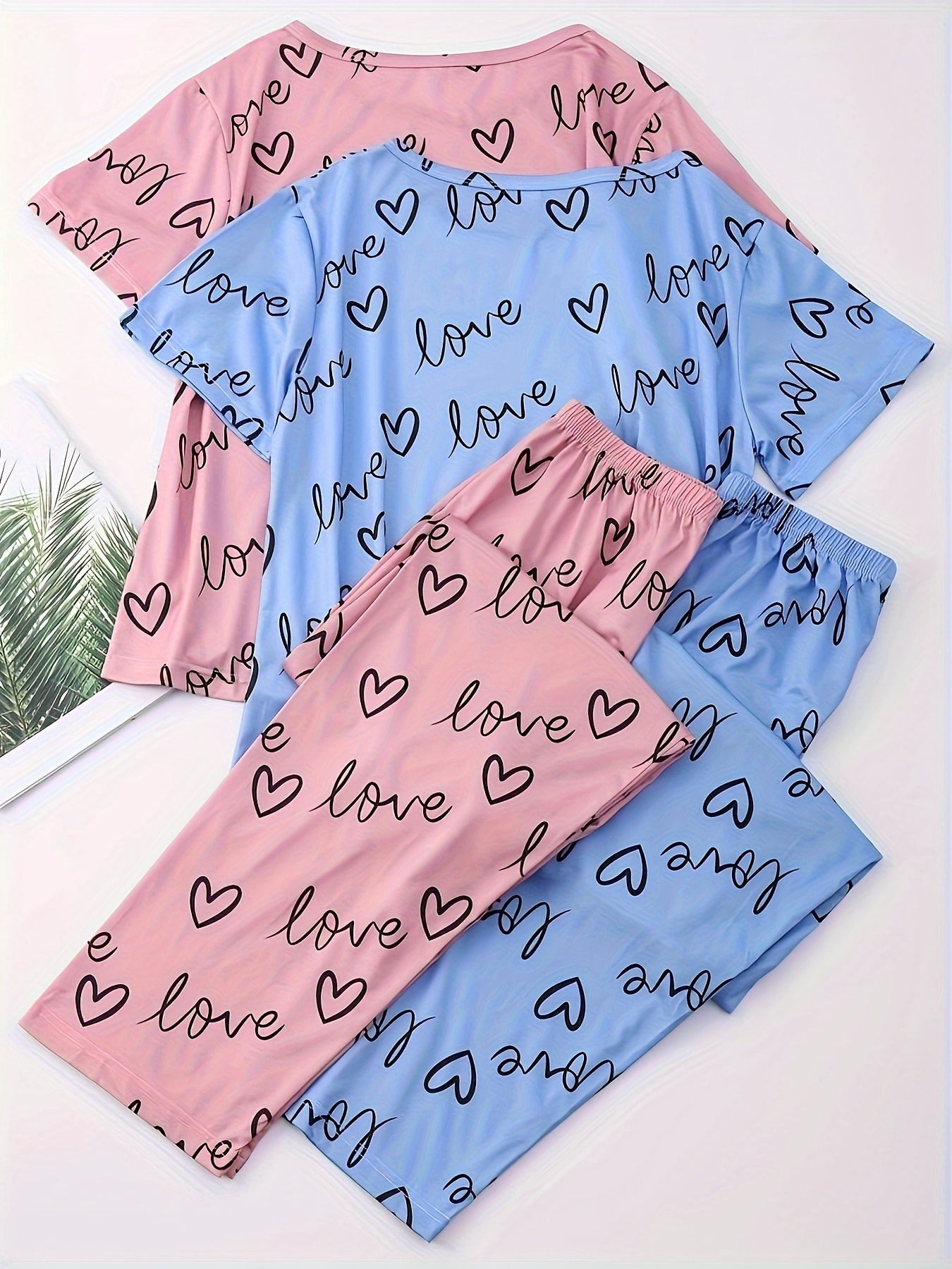 Heart Print Pajama Set Short Sleeve Crew Neck Top & Elastic Waistband Pants