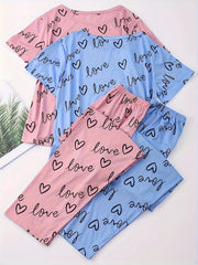 Heart Print Pajama Set Short Sleeve Crew Neck Top & Elastic Waistband Pants