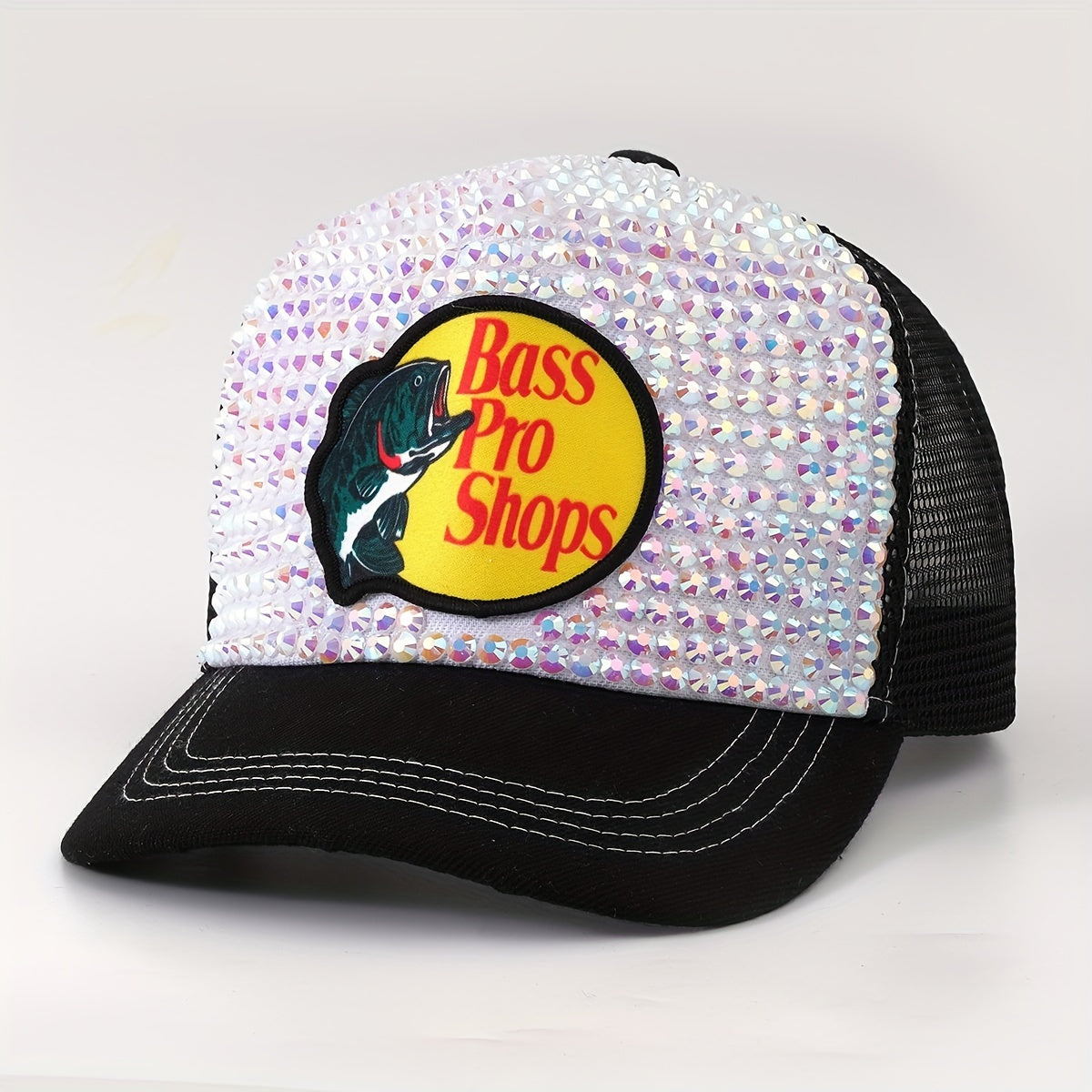 Fish Printed Patch Baseball Cap Rhinestone Block Mesh Breathable Trucker Hat
