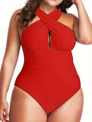 Sexy Plus Swimsuit Solid Cross Halter Ruched One Piece