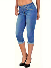 Slim Fit Cropped Jeans Slash Pockets Mid Stretch Capris Denim Pants