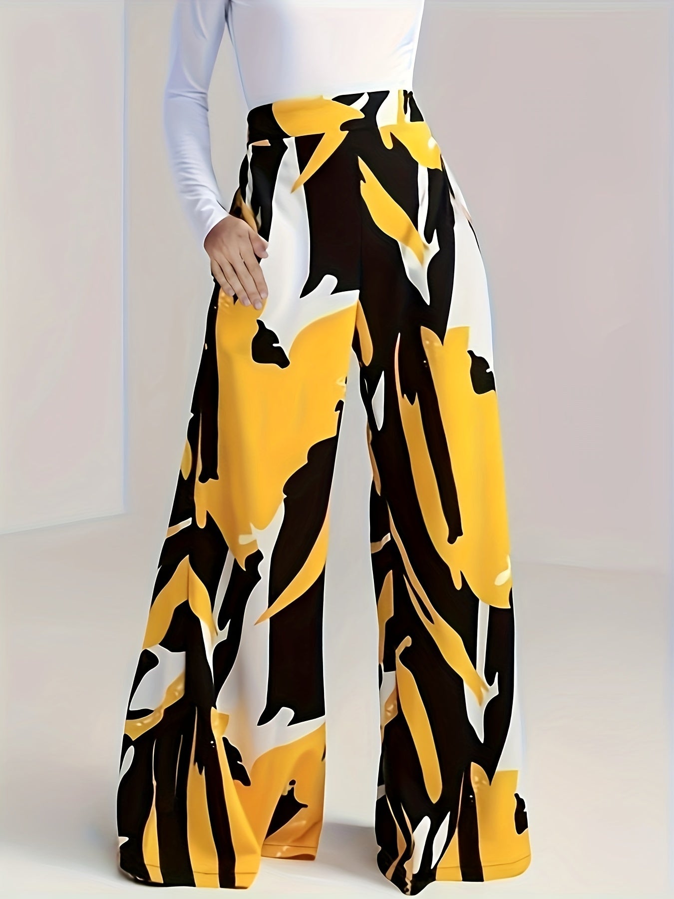 Wide Leg Loose Pants High Waist Contrast Waist With Pockets