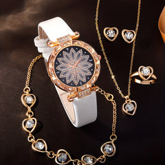 Student Flower Plate Rhinestone Quartz Watch And 5pcs Jewelry Set