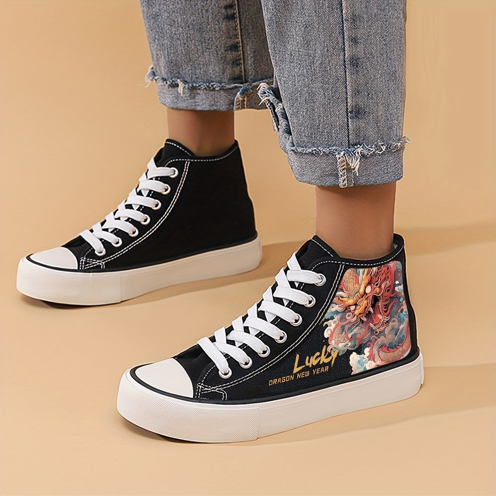 Dragon Print Chunky Canvas Sneakers High Top Skate Shoes