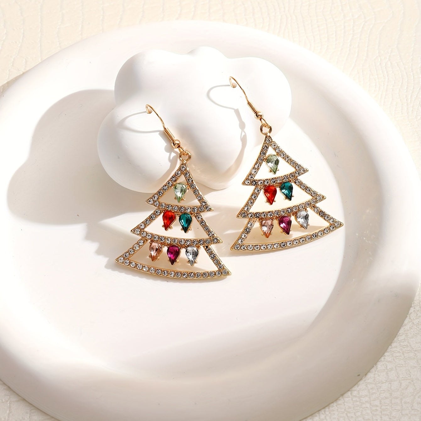 Colorful Rhinestone Christmas Tree Drop Earrings - Jewelry Gift for Girls