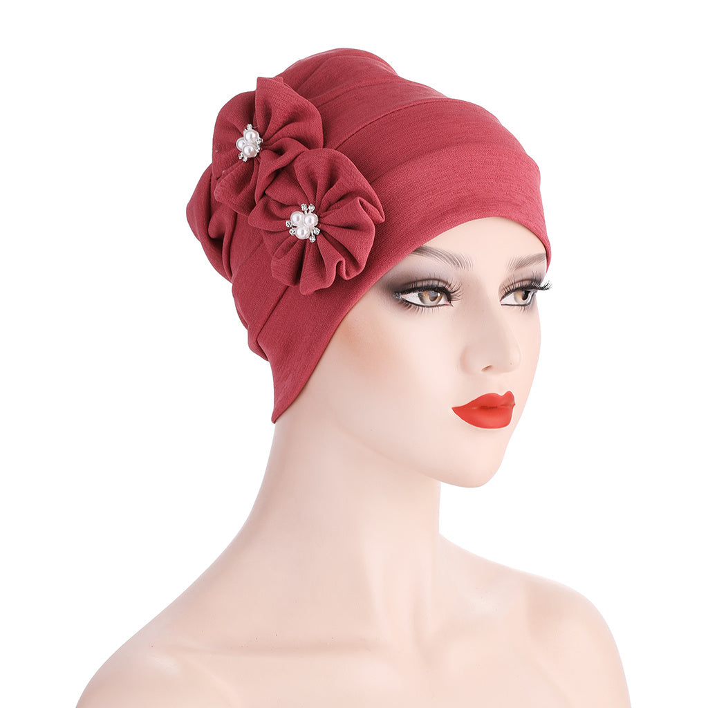 Ladies Pearl Two Flowers Turban Hat Retro Beanie Valentines
