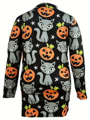Pumpkin & Cat Print Cardigan, Long Sleeve Open Front