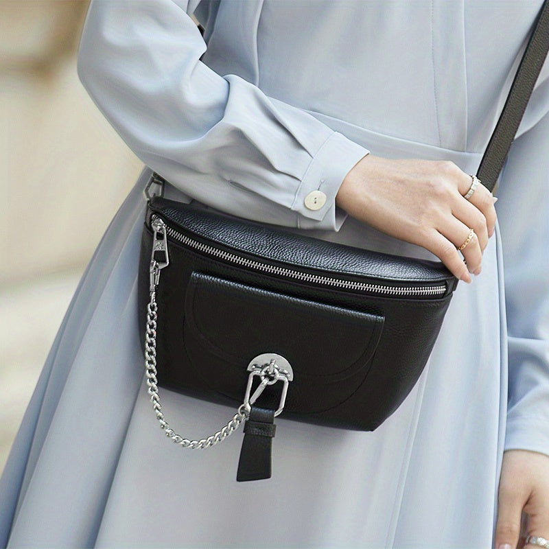 Chain Decor Fanny Pack Casual Zipper Crossbody Bag Women's Leather Purse