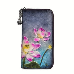 Vintage Floral Leather Wallet for Women, Zipper Closure, Card Slots