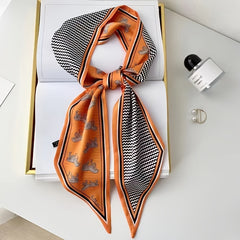 Thin Ribbon Scarf Angled Long Neckerchief Classic Print Hair Tie Band
