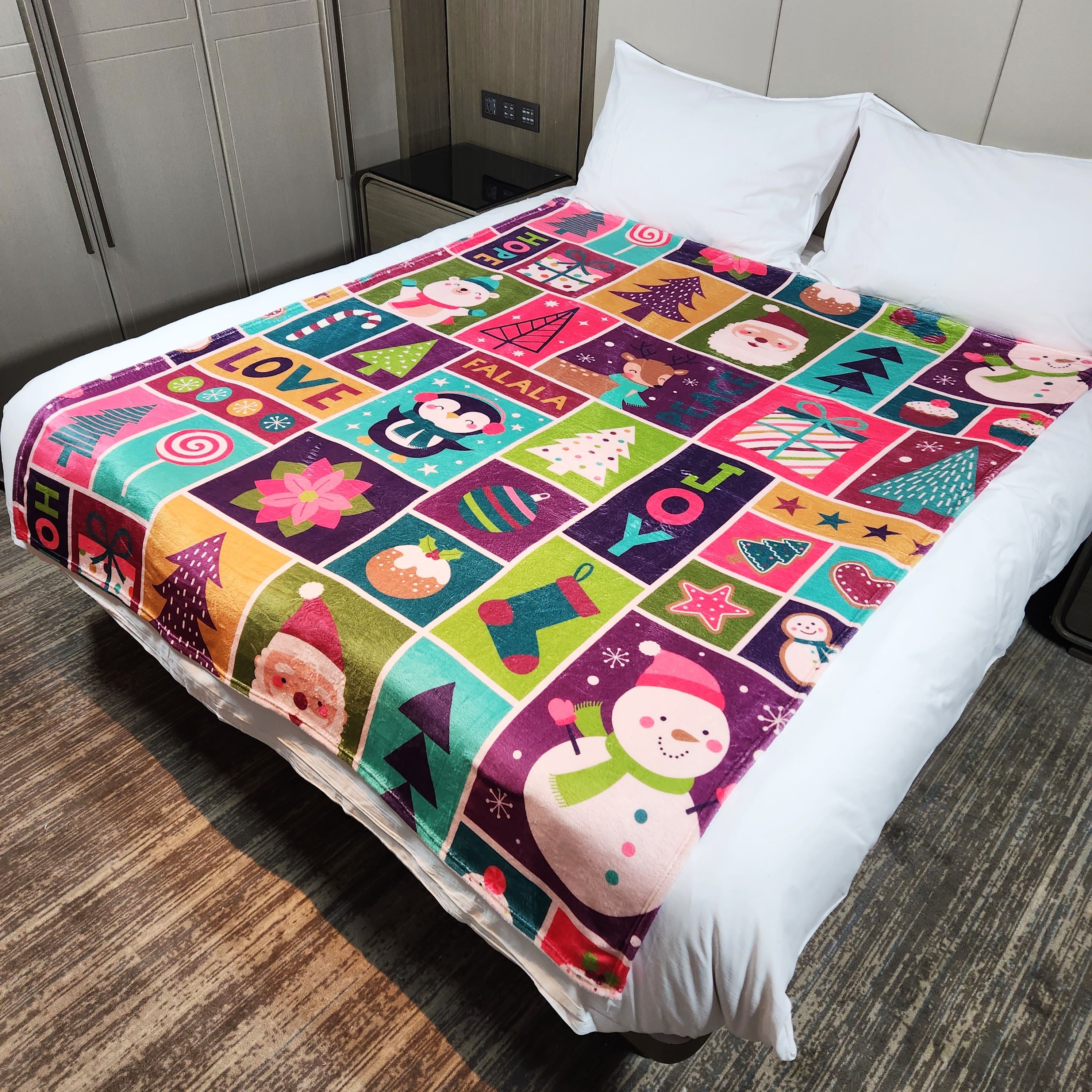 Warm Flannel Blanket for Camping & Home Use with Christmas Cartoon Santa Snowman