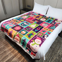 Warm Flannel Blanket for Camping & Home Use with Christmas Cartoon Santa Snowman