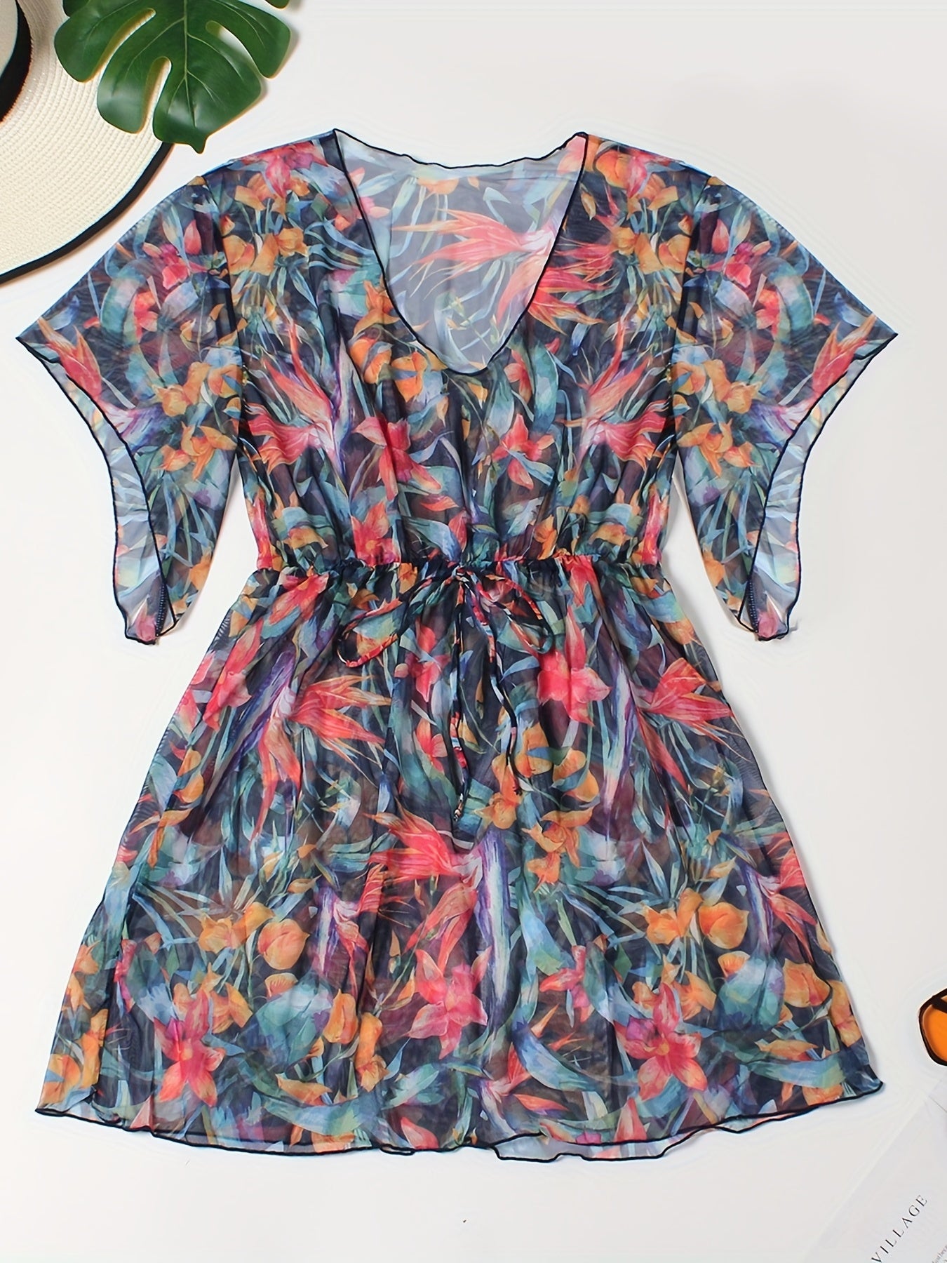 Floral Print V Neck Cover Ups Plus Size