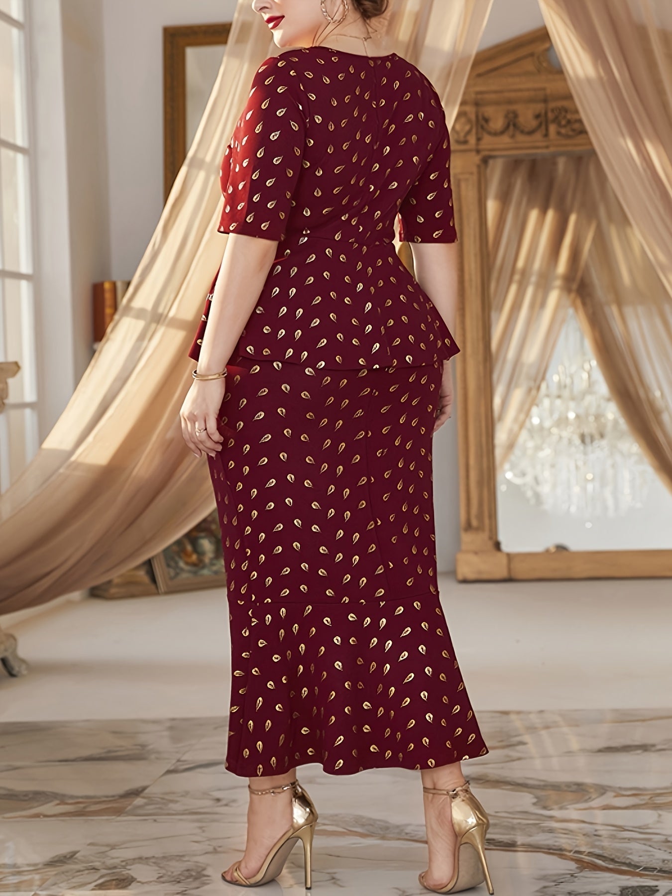 Women's Golden Dot Print Ruffle Trim Mermaid Dress