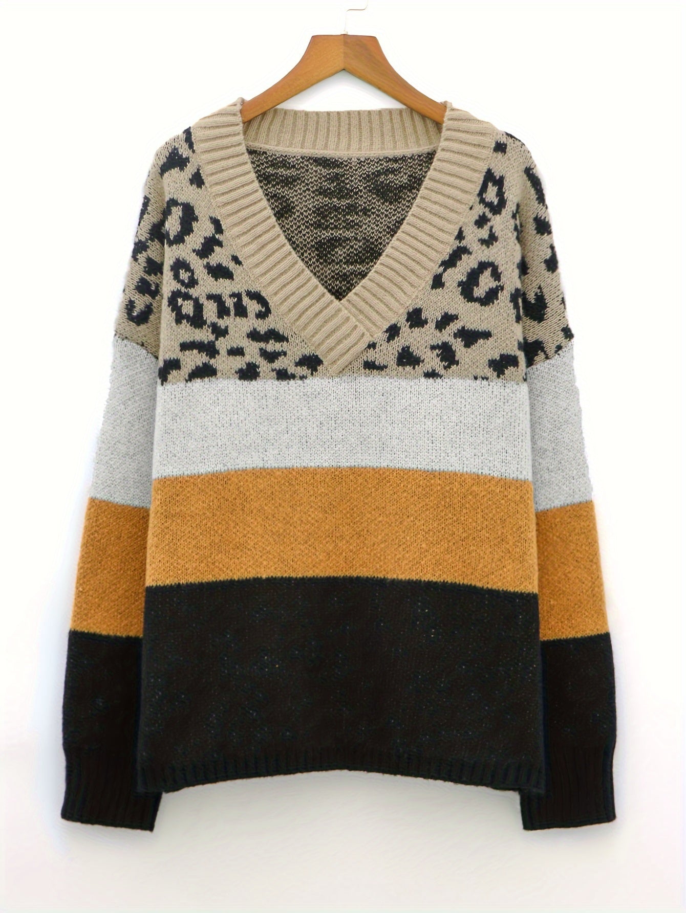 Colorblock Leopard Print V Neck Sweater