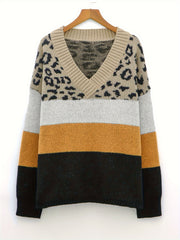 Colorblock Leopard Print V Neck Sweater
