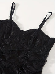 Solid Lace Cami Bodysuit Sexy V-neck Zip Back One Piece Bodysuit