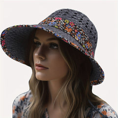 Boho Floral Sun Hat Crochet Wide Brim Straw Hats UV Protection