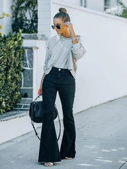 Solid Raw Trim Button Fly High Rise Flared Leg Jeans