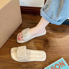 Women's Ruched Band Flat Slides Square Open Toe Sandals