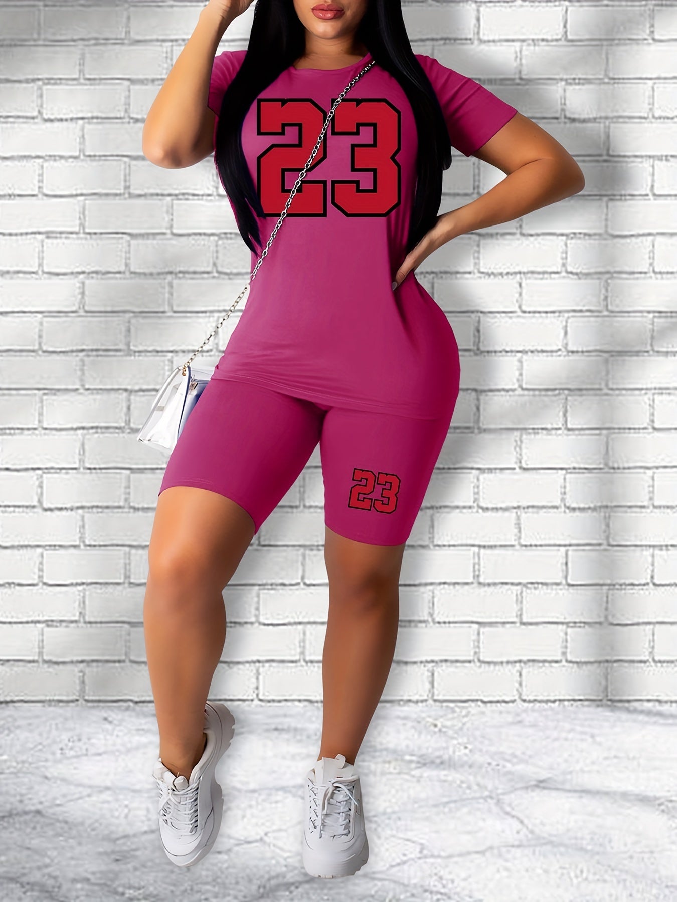 23 Number Print Two Piece Set Casual Short Sleeve T shirt & Skinny Shorts