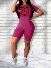 23 Number Print Two Piece Set Casual Short Sleeve T shirt & Skinny Shorts