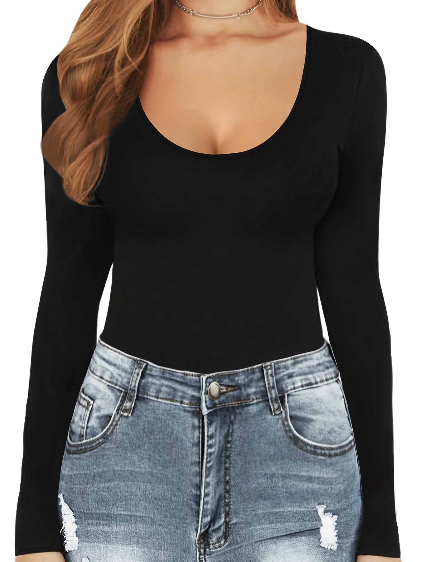 Sexy Scoop Neck Long Sleeve Bodysuit for Women